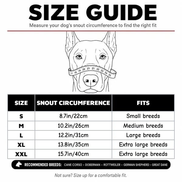 Hell hound muzzle size selection chart and padded elastic strap view