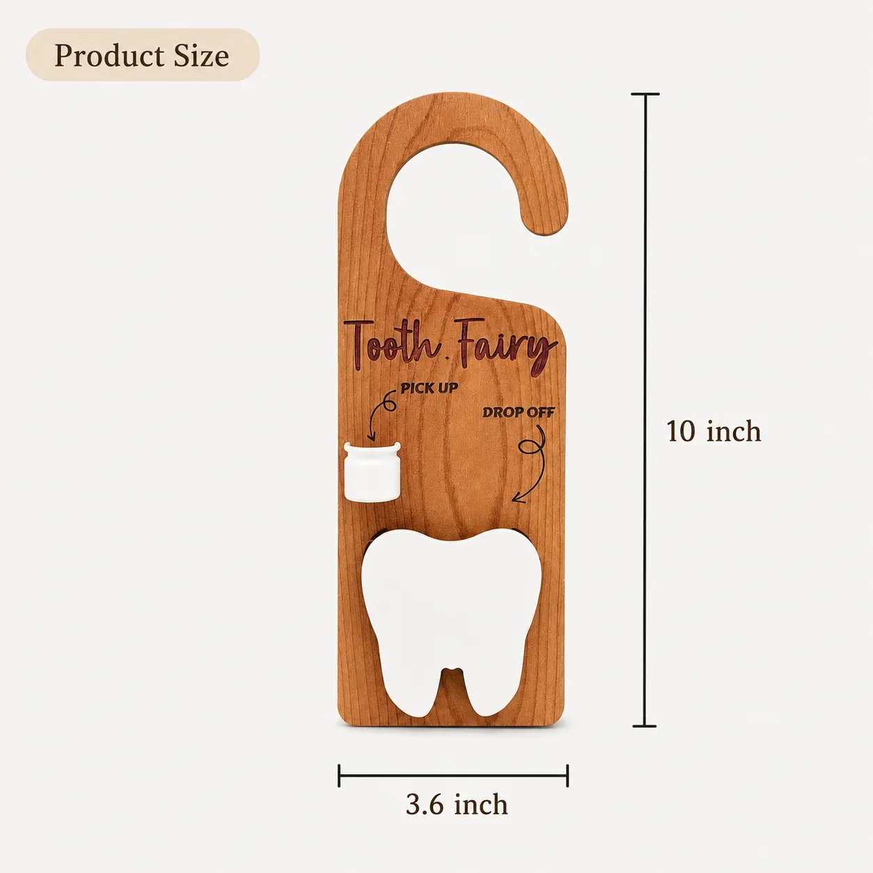 Tooth Fairy wooden door hanger dimension guide showing 10 inch height and 3.6 inch width