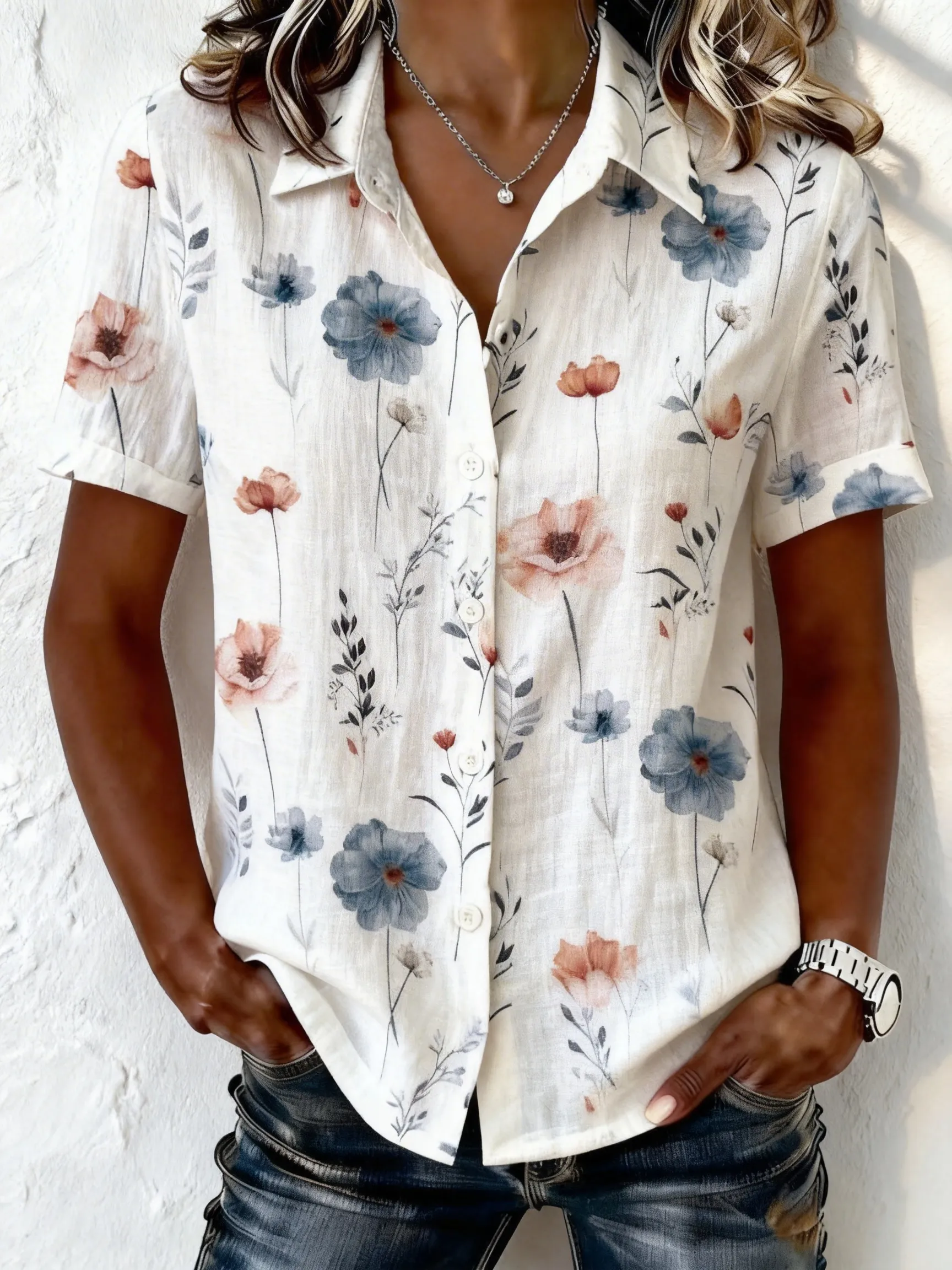 Women's Boho Floral Print Short Sleeve Button Down Cotton Linen Shirt