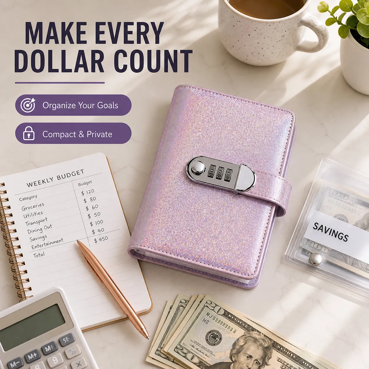 Organizing money goals with a purple lockable cash binder