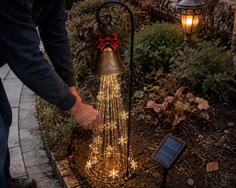 Setting up the Christmas bell cascade light beside a garden walkway
