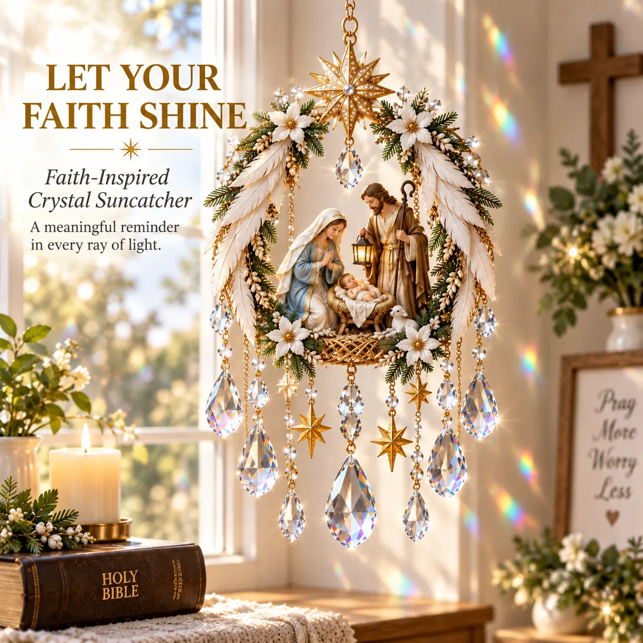 Holy Family Nativity suncatcher with wings and cascading faceted drops in a sunlit window