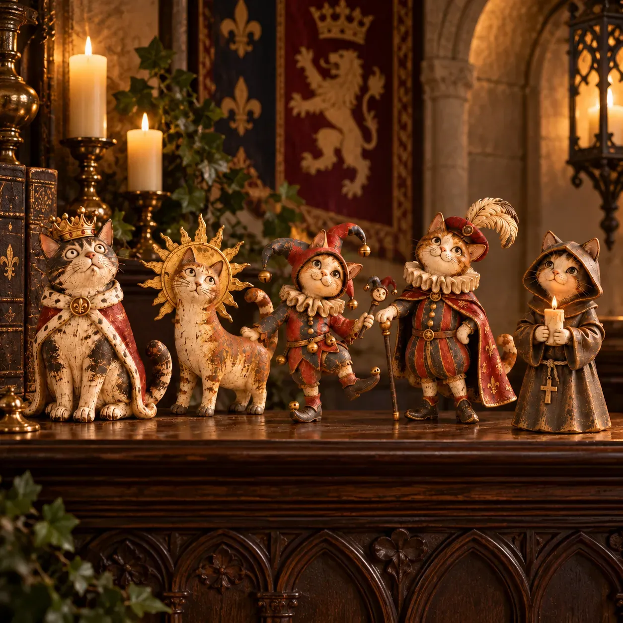 All five medieval cat court characters displayed together: King, Sun Halo, Jester, Noble Ruff and Monk