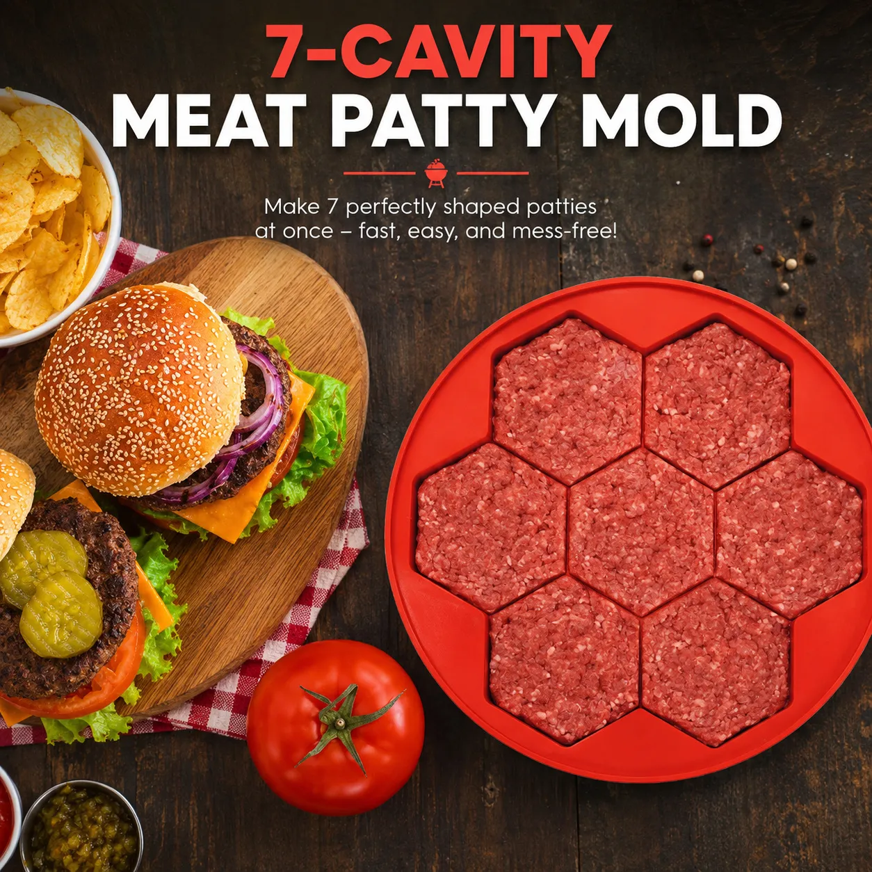 Round red silicone mold with seven hexagonal burger portions