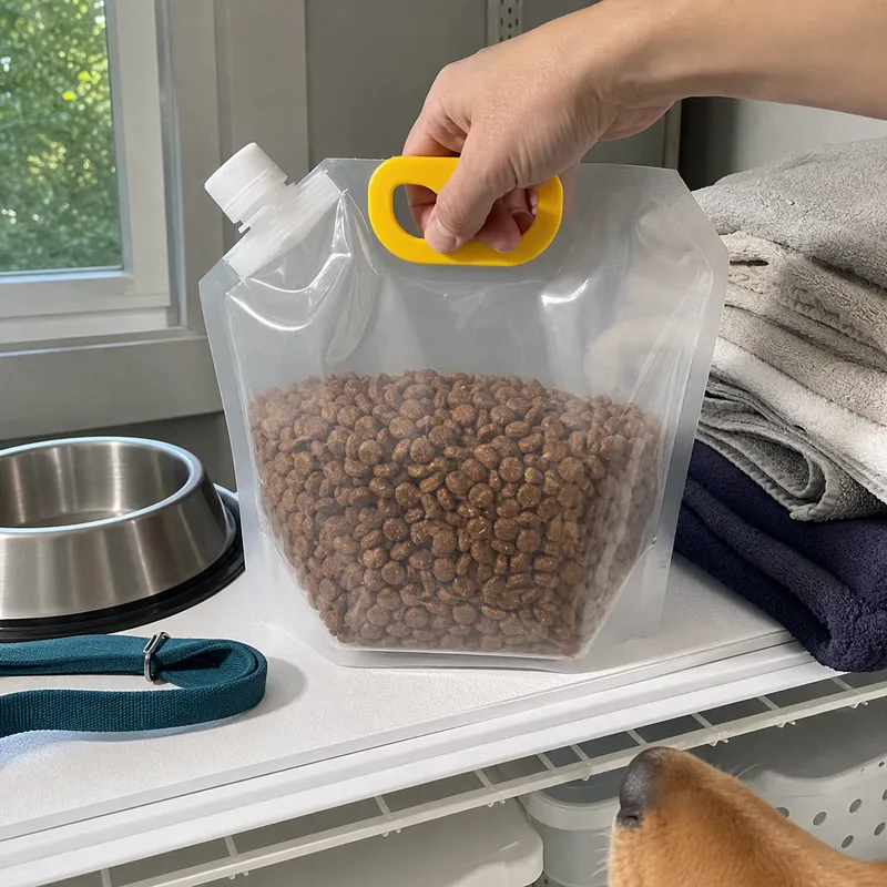 Dry pet food storage pouch beside a pet bowl