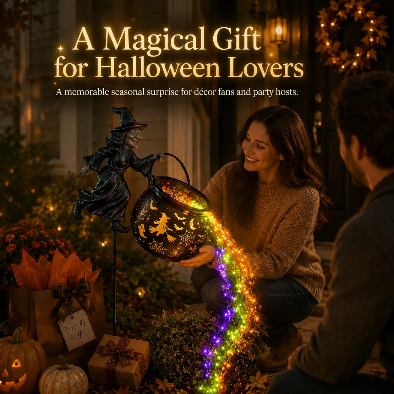 Witch cauldron garden light presented as a Halloween gift