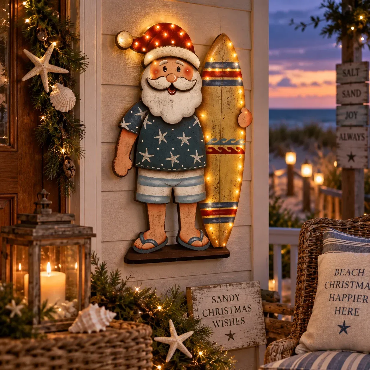 Lighted Seaside Santa coastal Christmas wall decor on a beach house porch