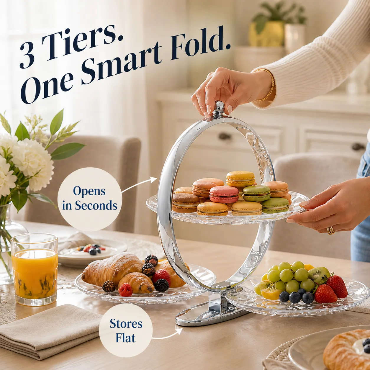 Clear silver-accented three-tier serving stand at a brunch table