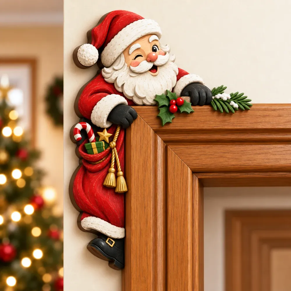Santa Claus Christmas peekaboo decoration displayed on the upper corner of a doorway
