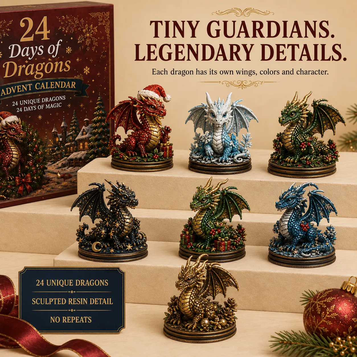 Seven sculpted dragon collectibles with unique colors and details