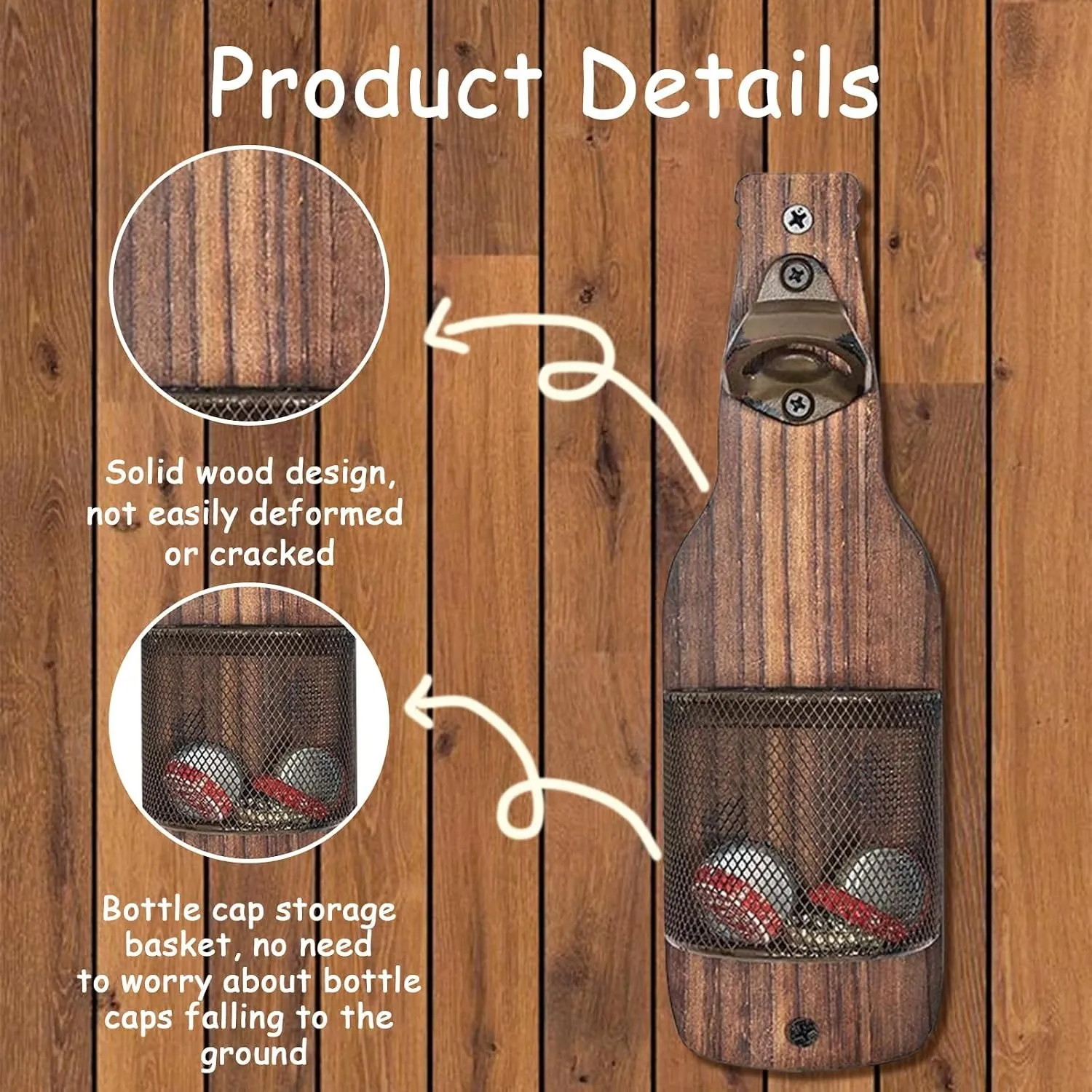 Product details of the rustic wood backboard, fixed opener, and mesh cap catcher