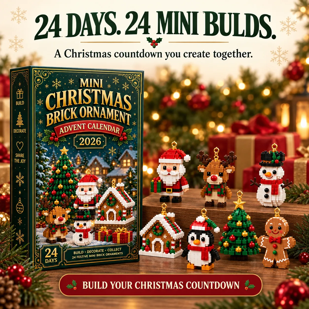 Christmas advent calendar box with finished mini brick ornaments