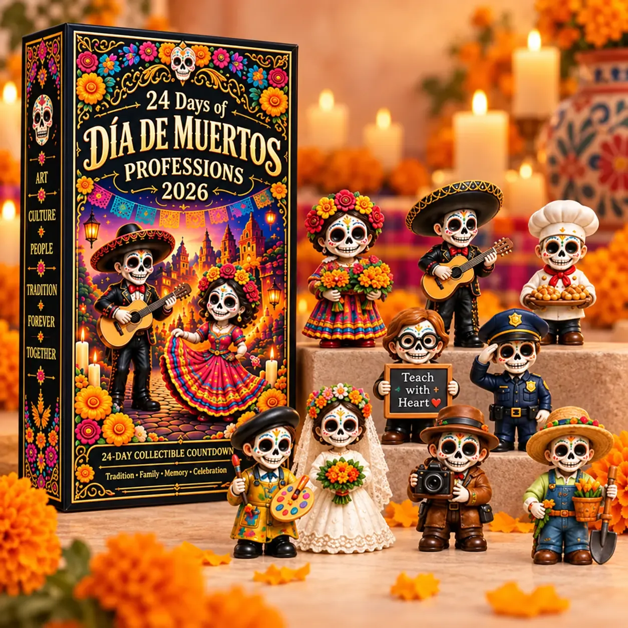 Día de Muertos Professions 2026 countdown box with collectible figures