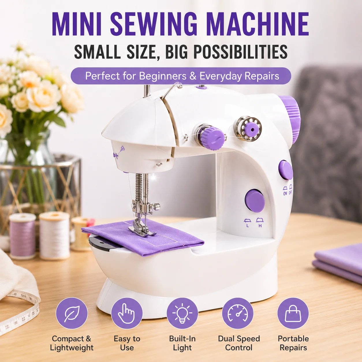 Mini electric sewing machine compact white purple household stitching tool for everyday repairs