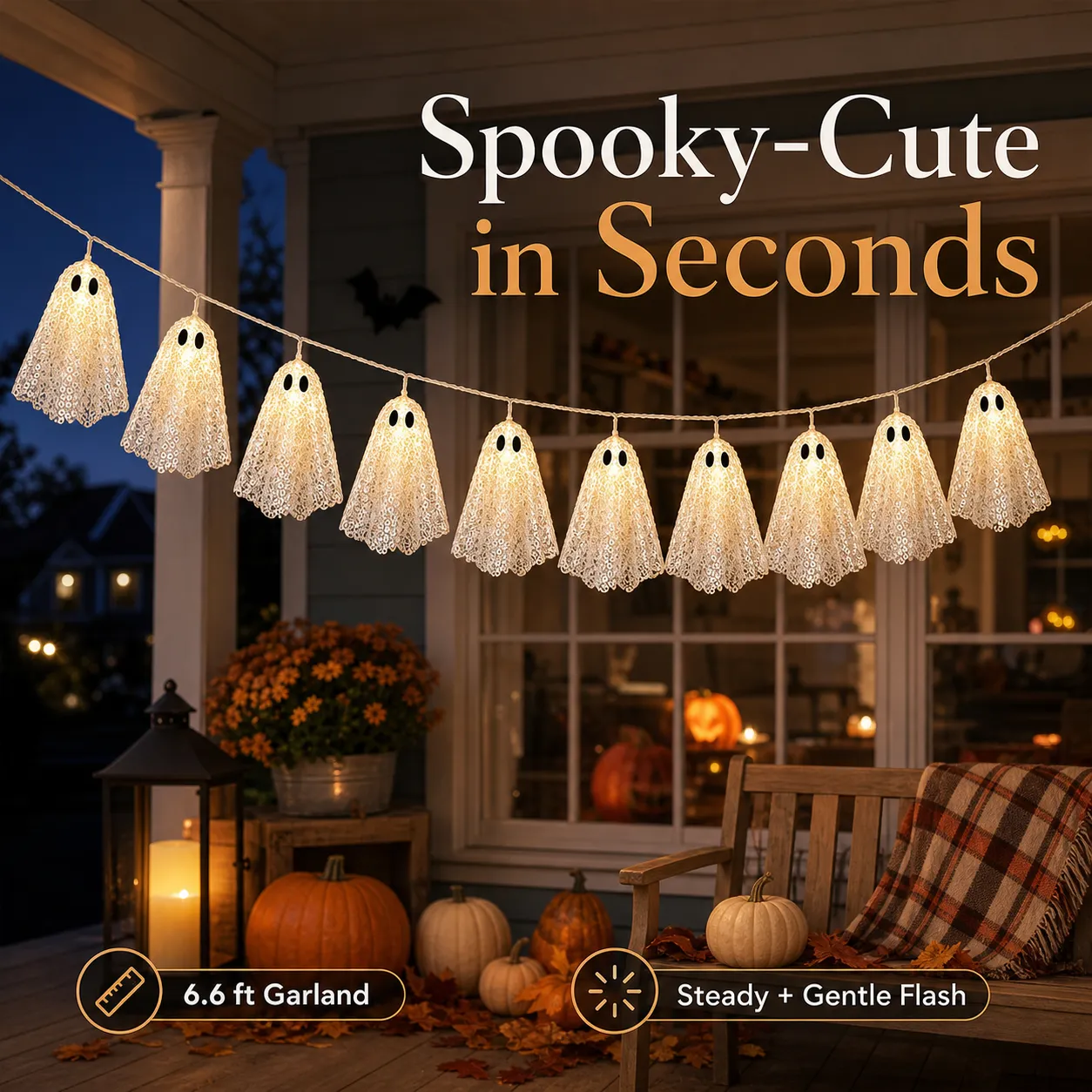 Ten warm white lace ghost lights decorating a covered front porch