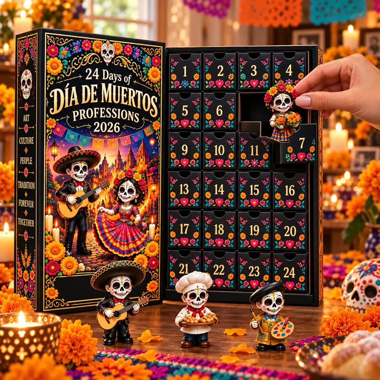 Opening a numbered drawer to reveal a Día de Muertos profession figure