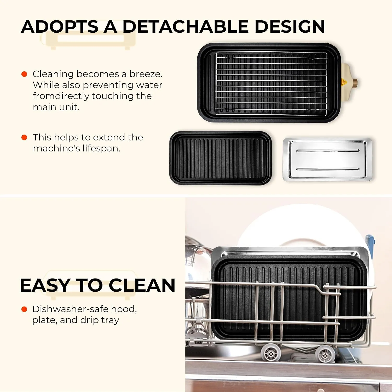 Removable cooking plate and drip tray for cleanup