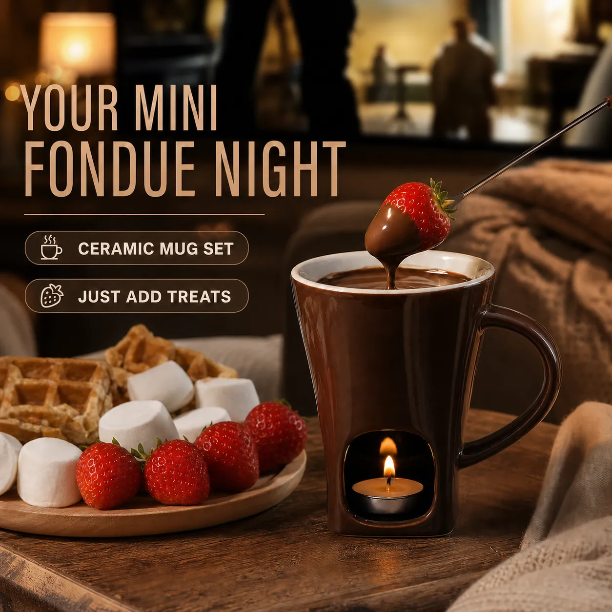 Coffee-brown fondue mug warming chocolate for a cozy dessert night