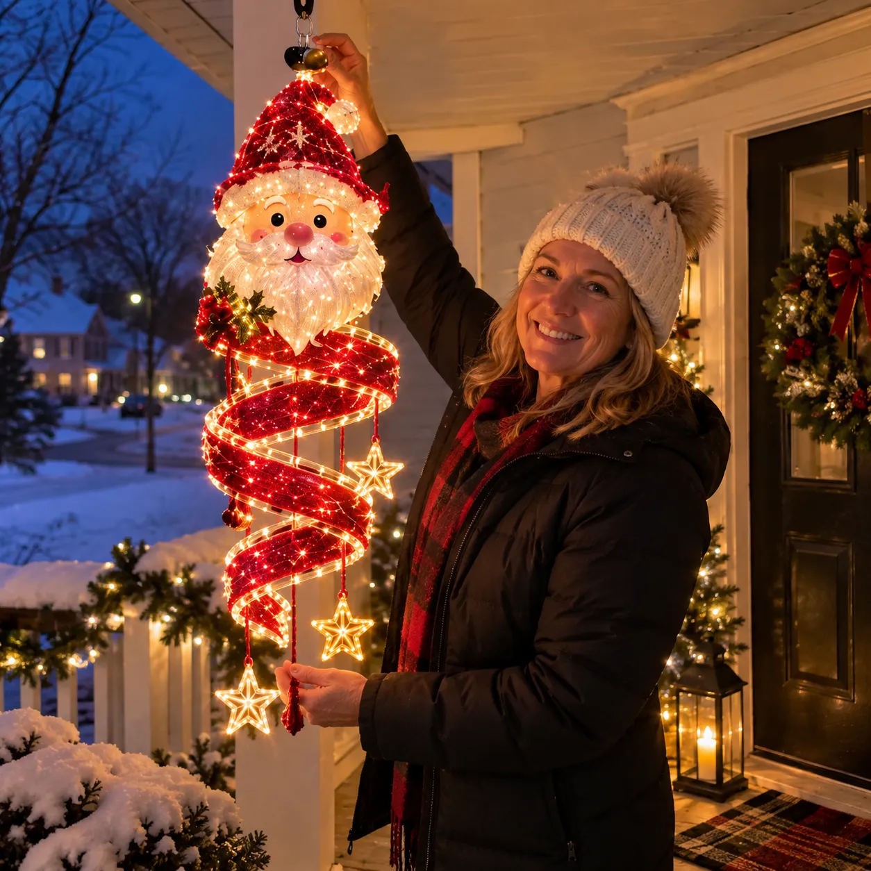 Customer holding a glowing Santa Spiral light on a snowy covered porch