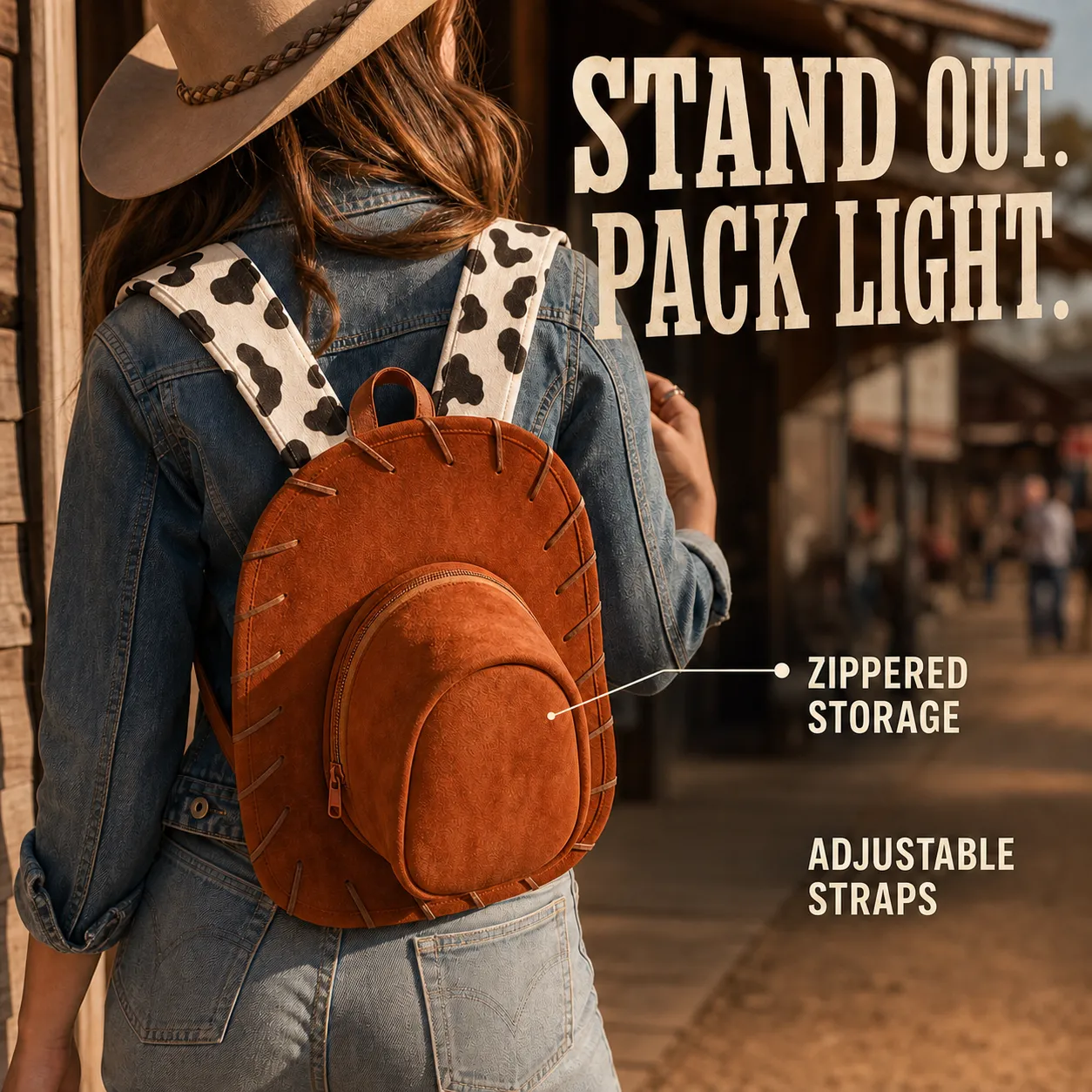 Brown cowboy hat backpack worn with a casual western outfit
