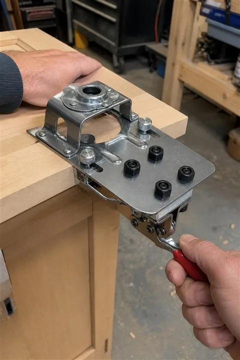 Hinge jig being clamped to a cabinet door in a home garage