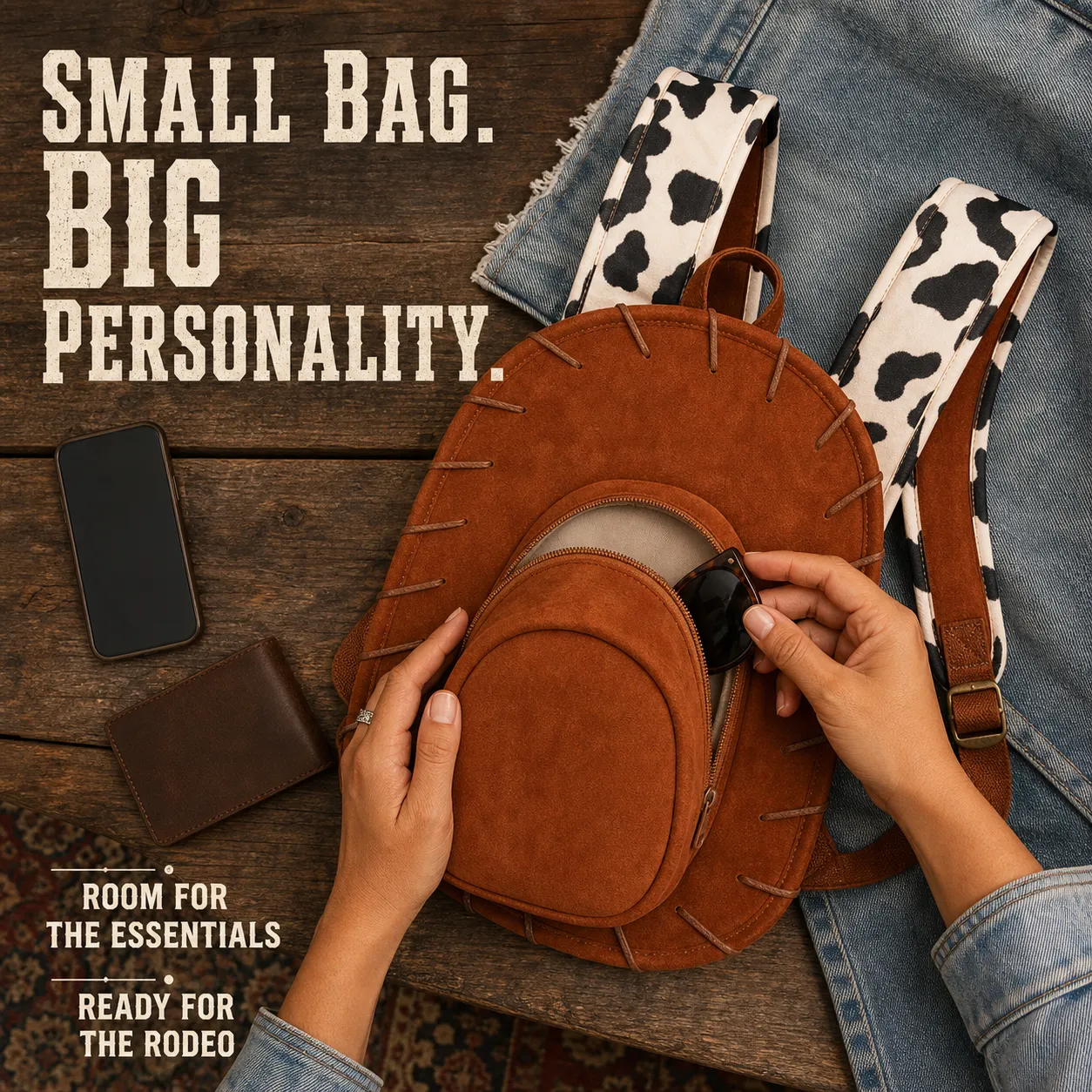 Cowboy hat backpack with small everyday essentials nearby
