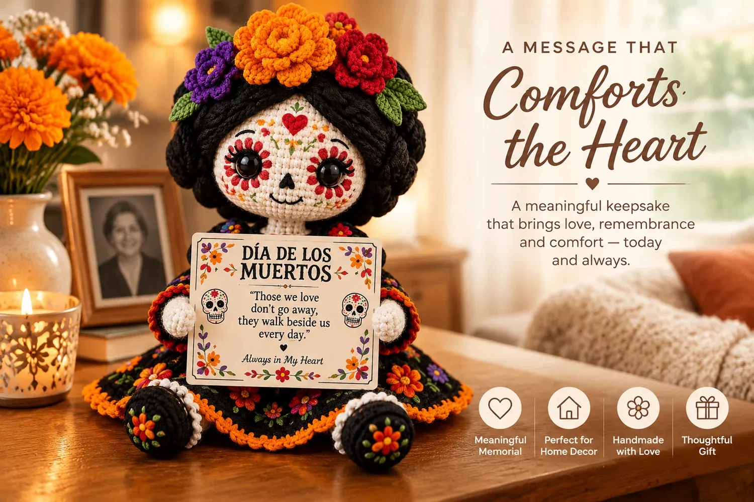 Crochet doll holding a remembrance message