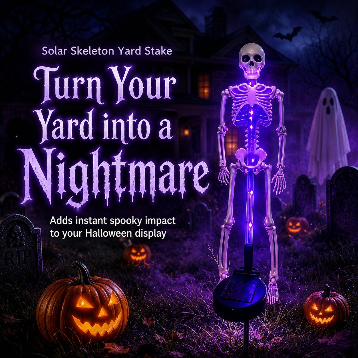 Glowing skeleton yard stake creating a dramatic Halloween entrance