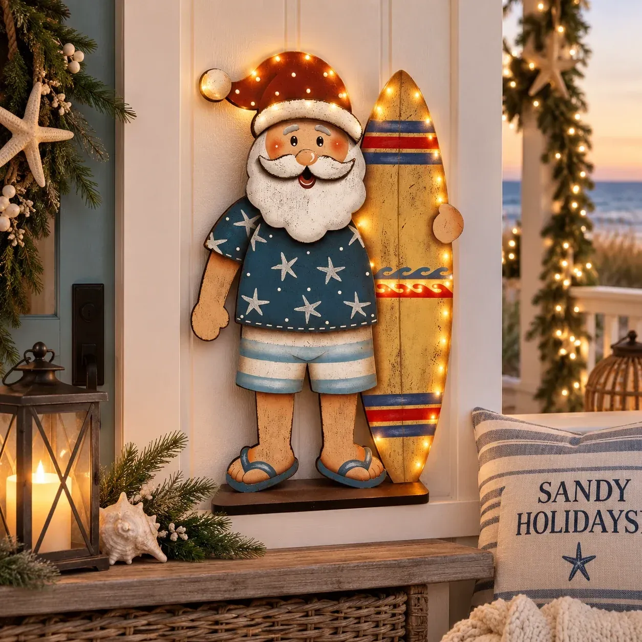 Seaside Santa glowing at sunset near the ocean