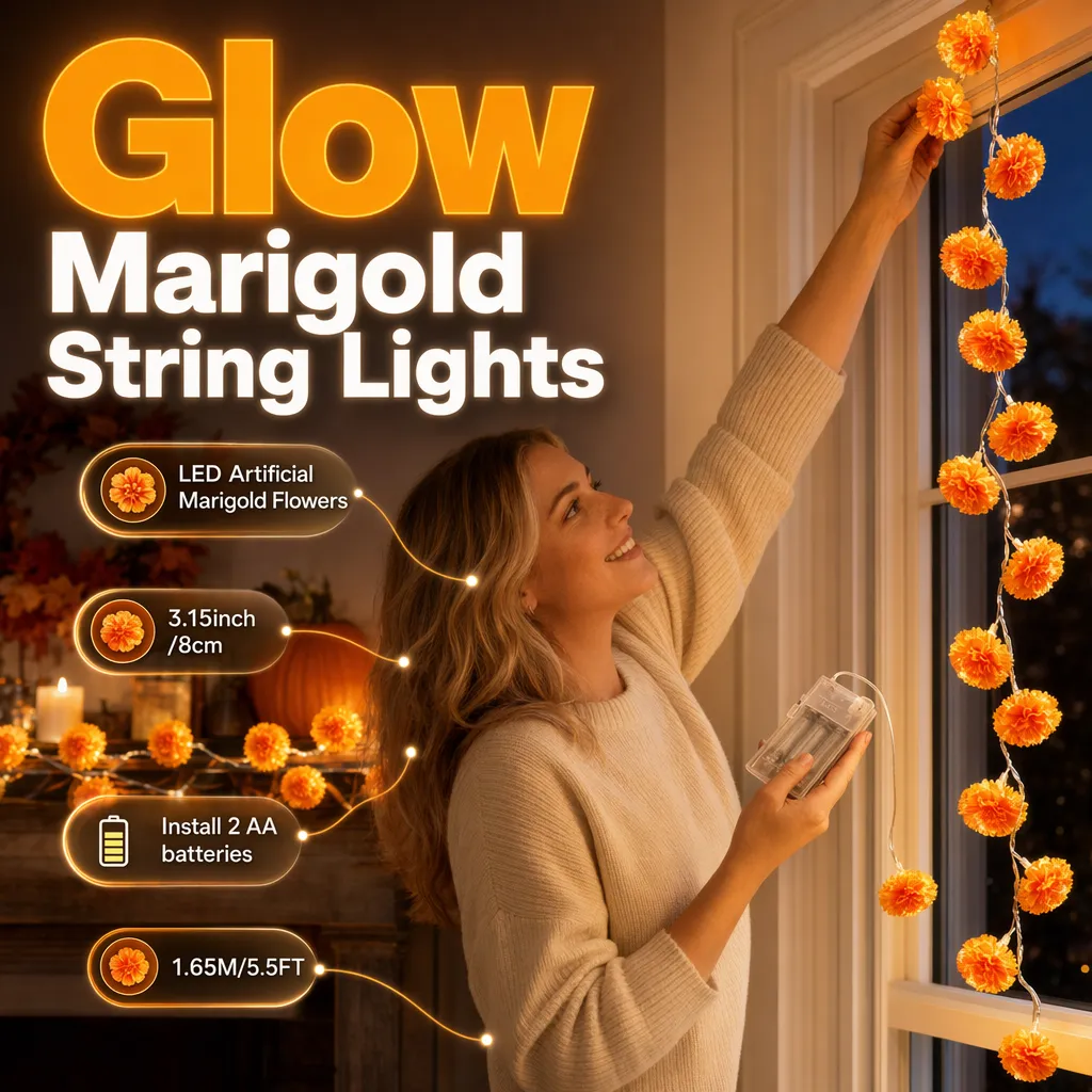 Marigold flower string lights glowing in warm orange