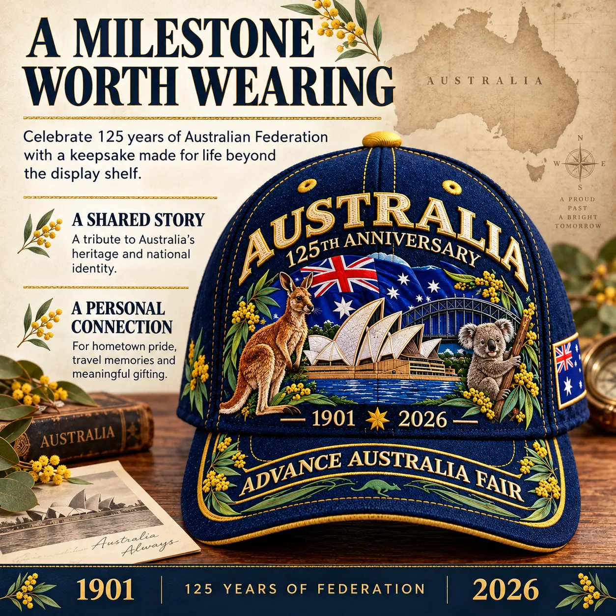 Federation anniversary cap shown with a 1901 to 2026 commemorative timeline