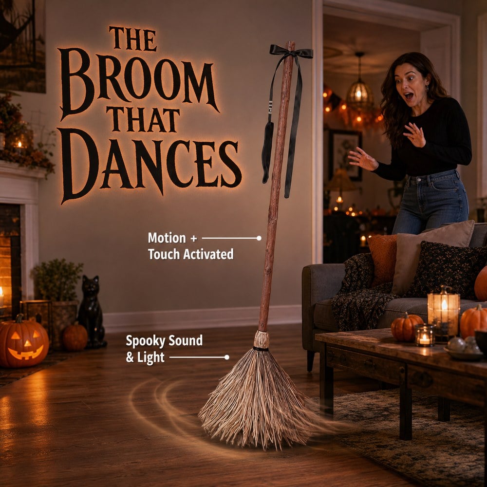 Animated dancing witch broom in a Halloween living room