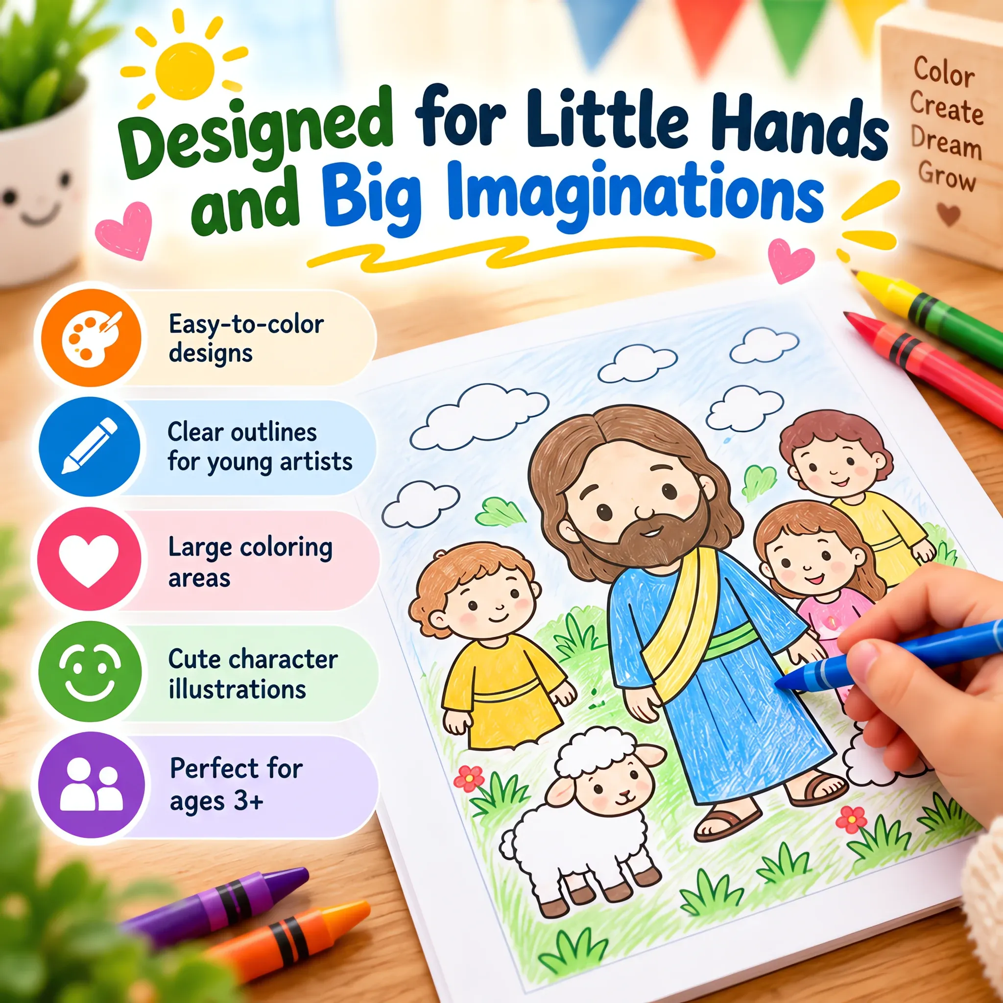 Easy-to-color illustrations with clear outlines and large coloring areas