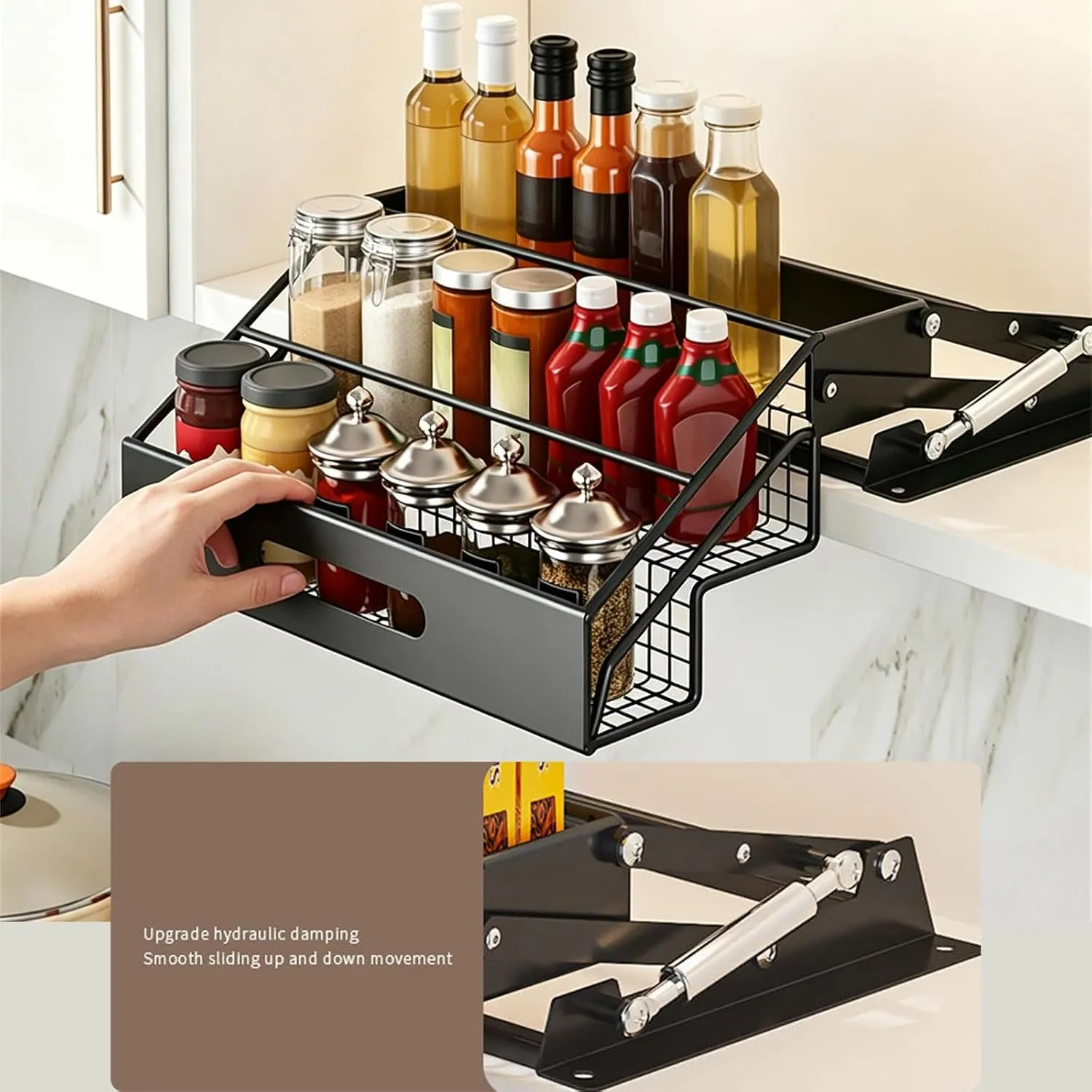 Hand guiding the pull-down rack and close view of the gas-strut mechanism