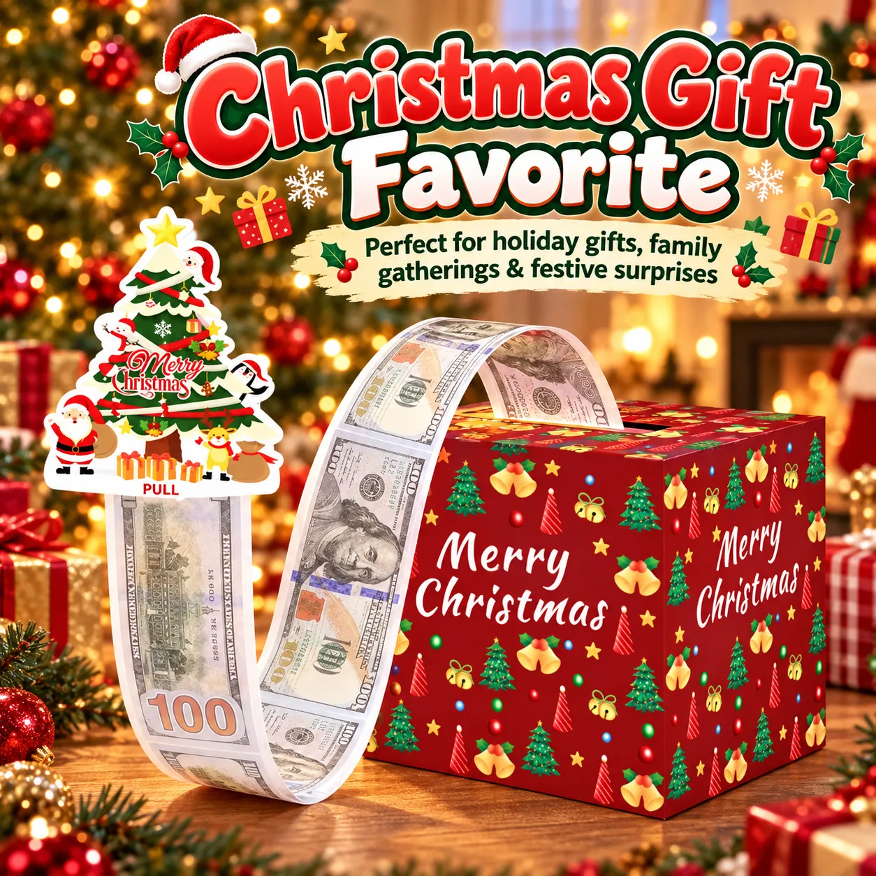 Christmas money pull box displayed beside a pull-out money strip