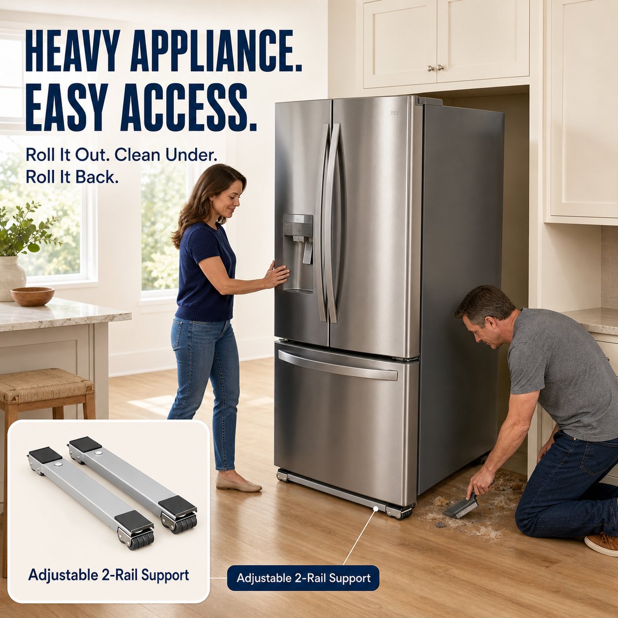 Family easily moving a refrigerator on low-profile rails and cleaning underneath