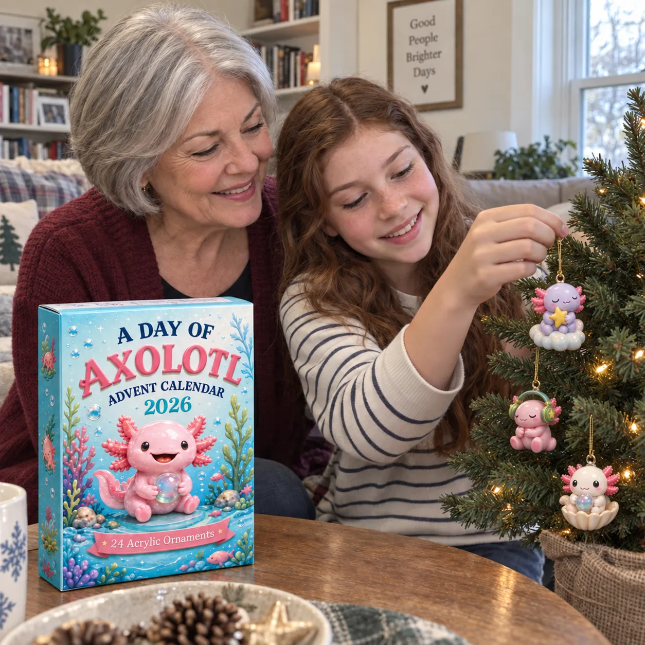 AI-generated scene of a grandmother and granddaughter hanging star, headphone and seashell axolotl ornaments on a small tree