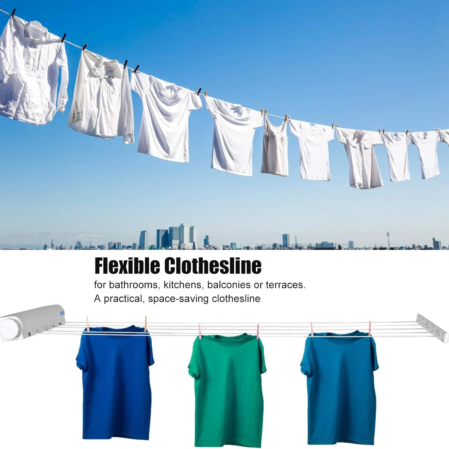 Multiple garments arranged across a retractable clothesline