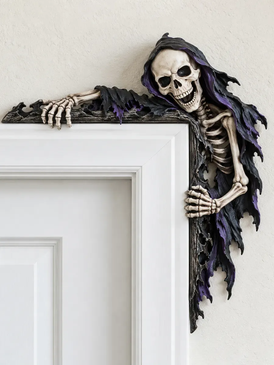 Grim reaper with a bone-colored skull and tattered black and purple cloak peeking around the upper-right corner of a white door frame