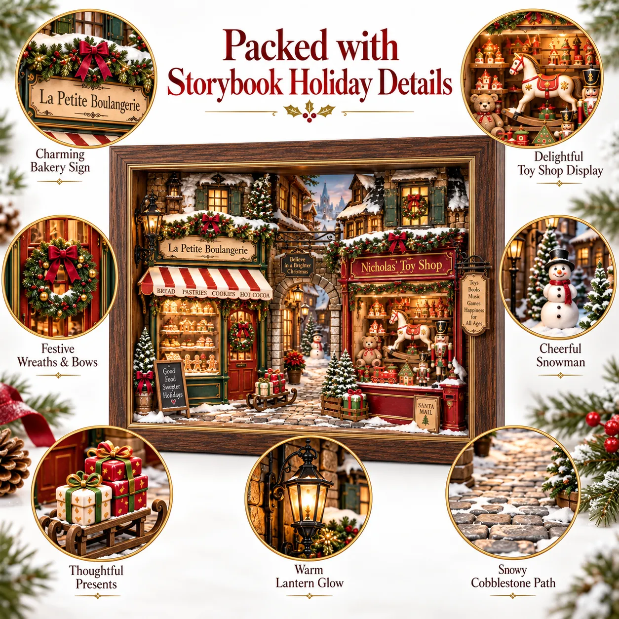 3D layered depth detail of Christmas village shadow box