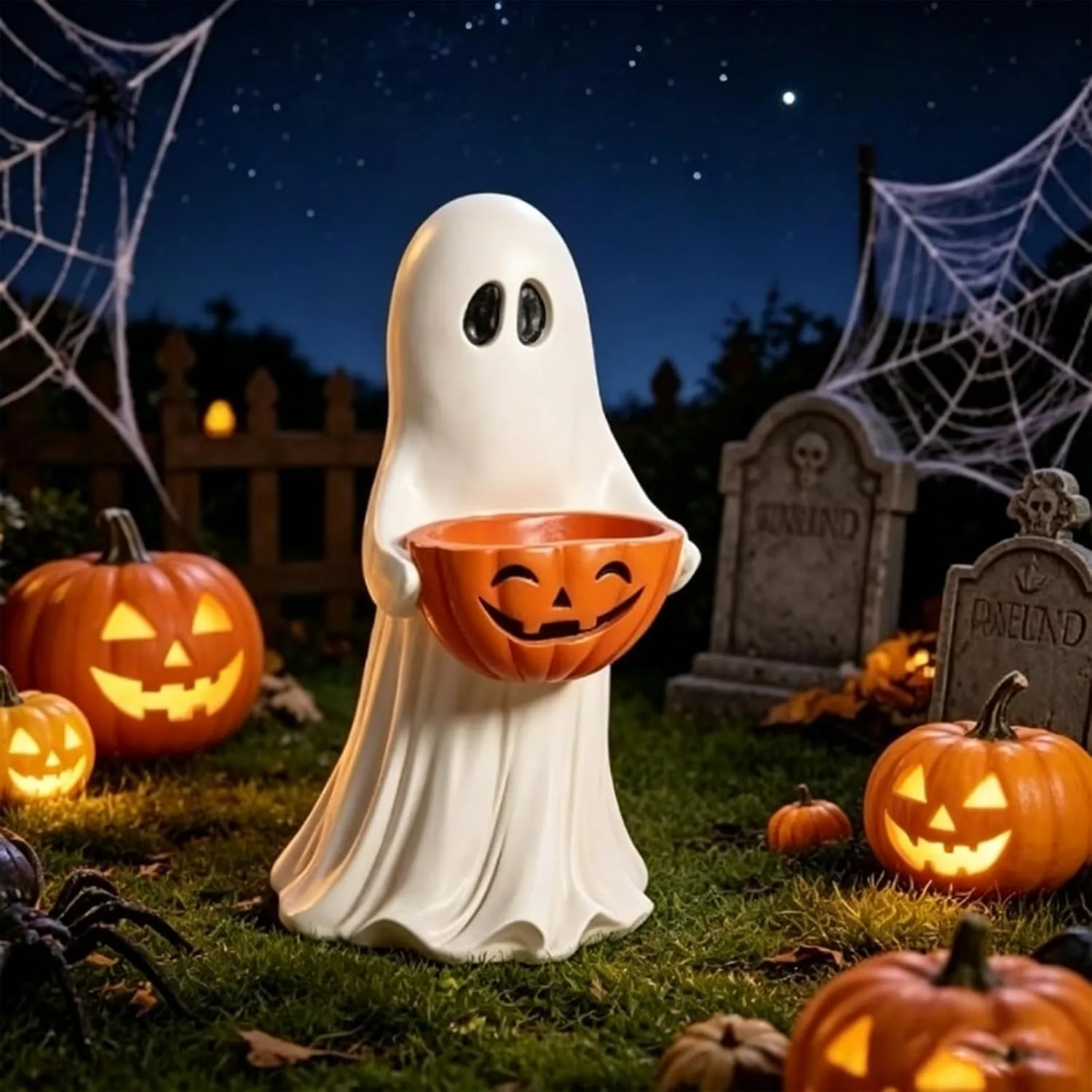 Ghost pumpkin bowl in a nighttime Halloween display