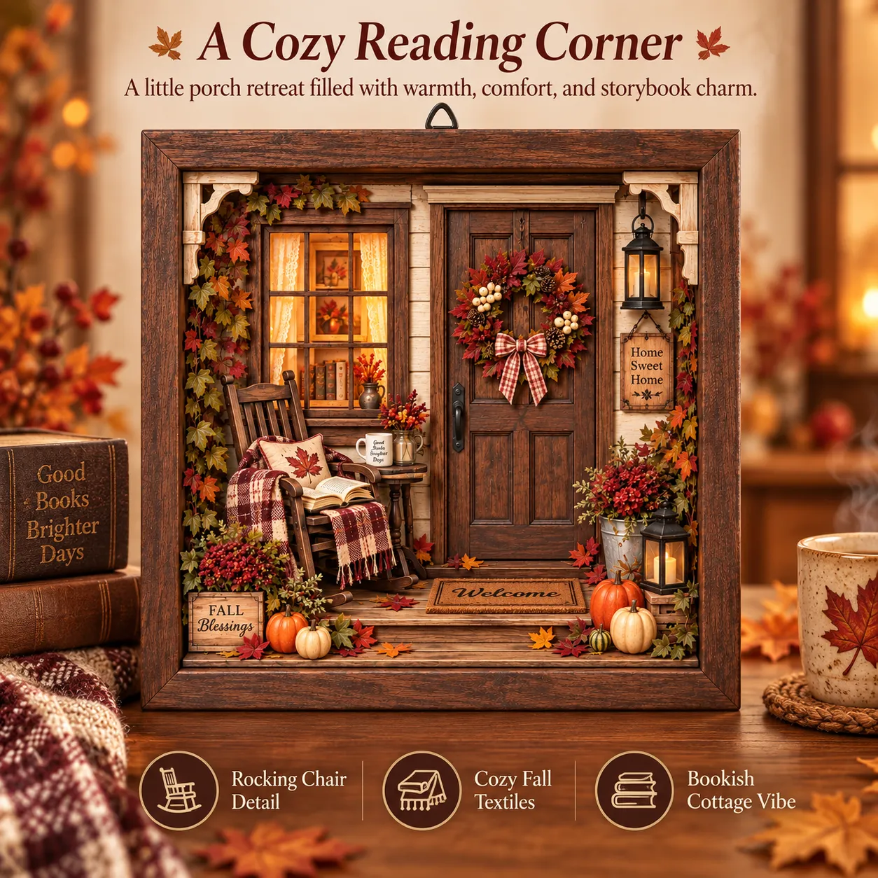 Cozy autumn reading porch shadow box detailed front view