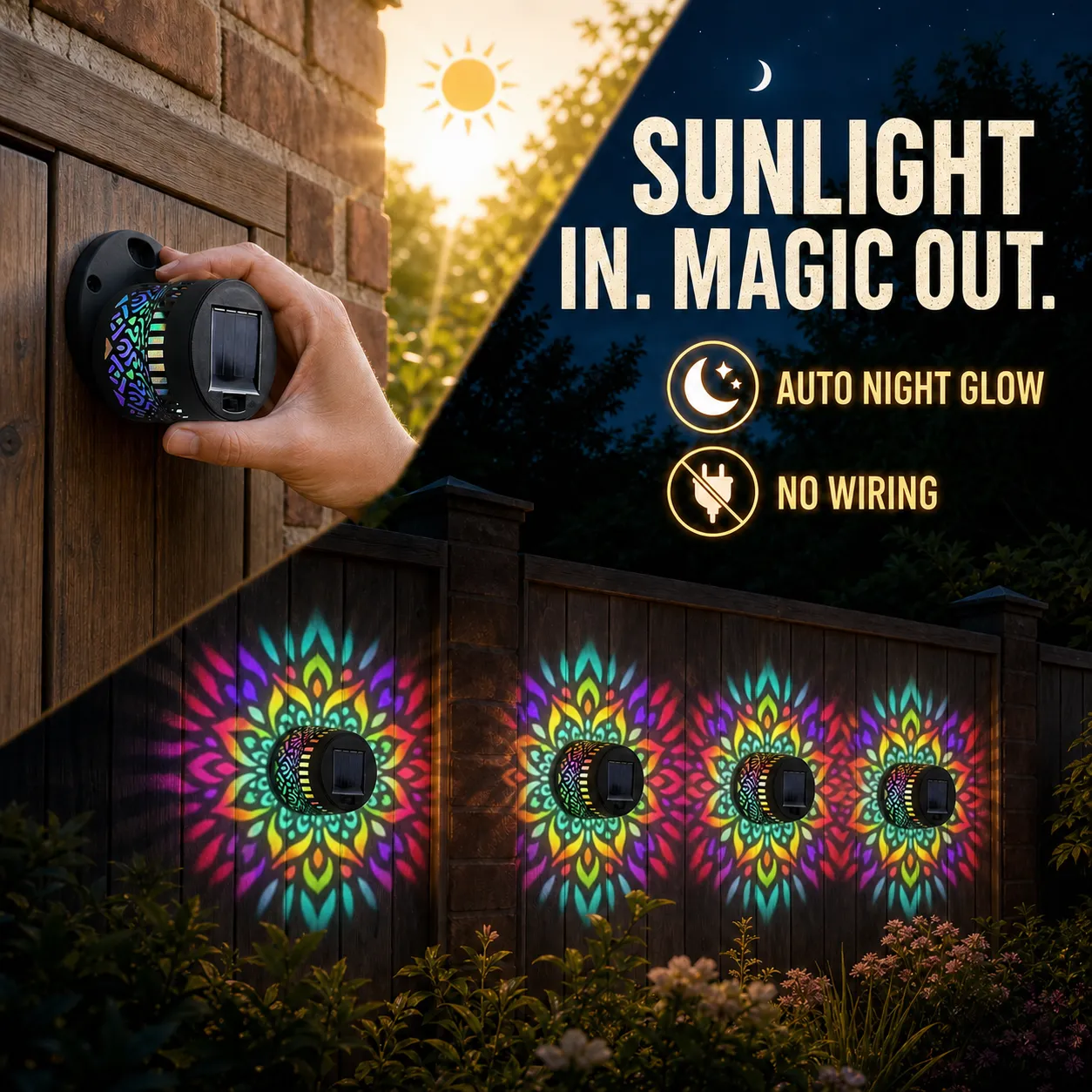 Solar mandala wall lights charging by day and glowing automatically at night
