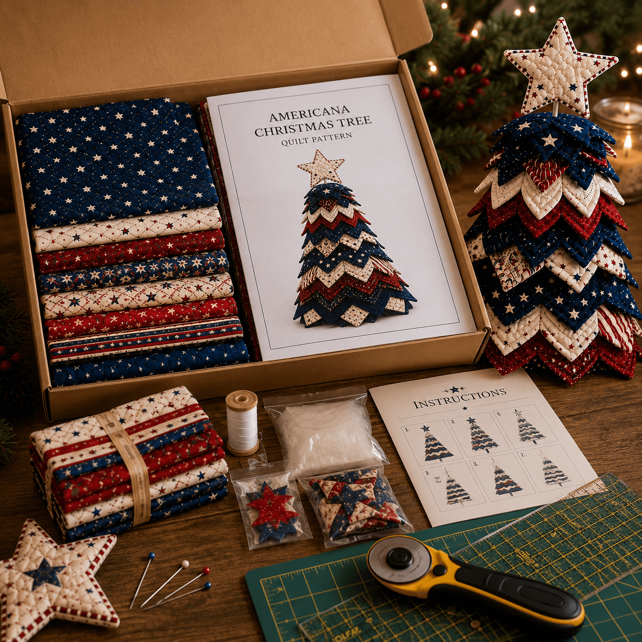 Quilt kit components including pattern fabrics topper and instructions