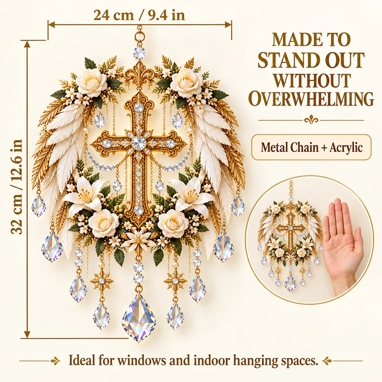 Cross and White Flowers size diagram showing height 32 cm or 12.6 inches and width 24 cm or 9.4 inches