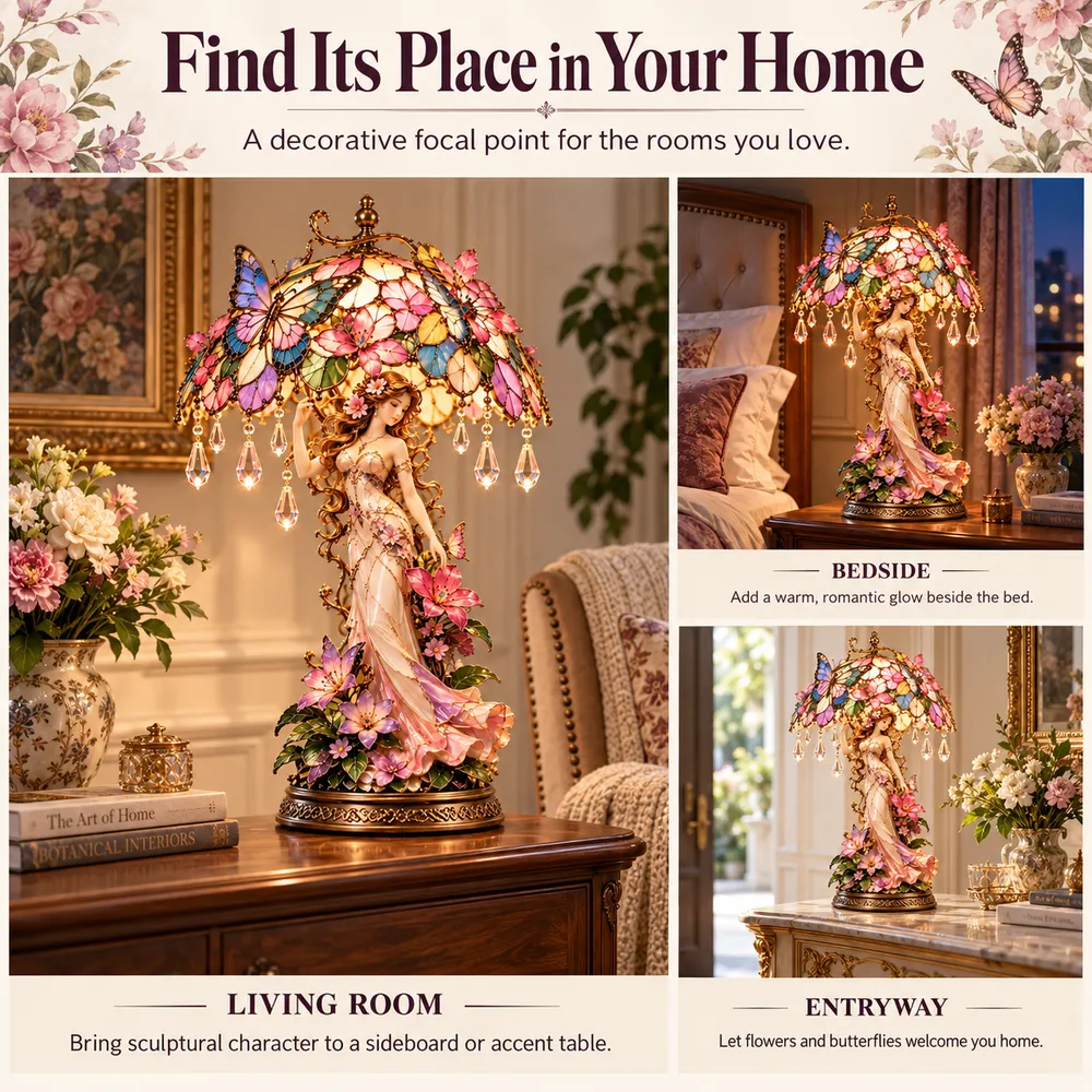 Placement guide showing the Butterfly Blossom lamp in a living room, beside a bed and on an entryway console