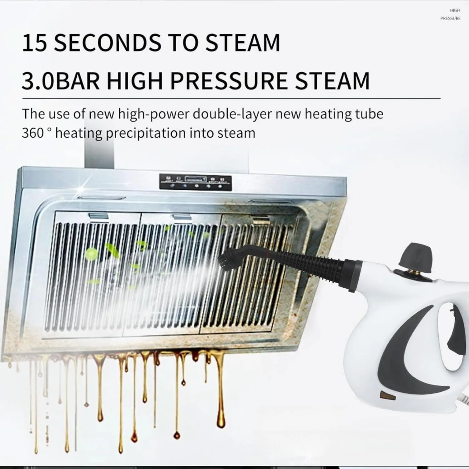 Handheld steam cleaner aimed at greasy range hood buildup