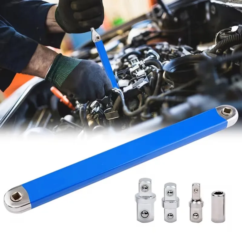 Blue offset extension wrench used in an automotive engine bay