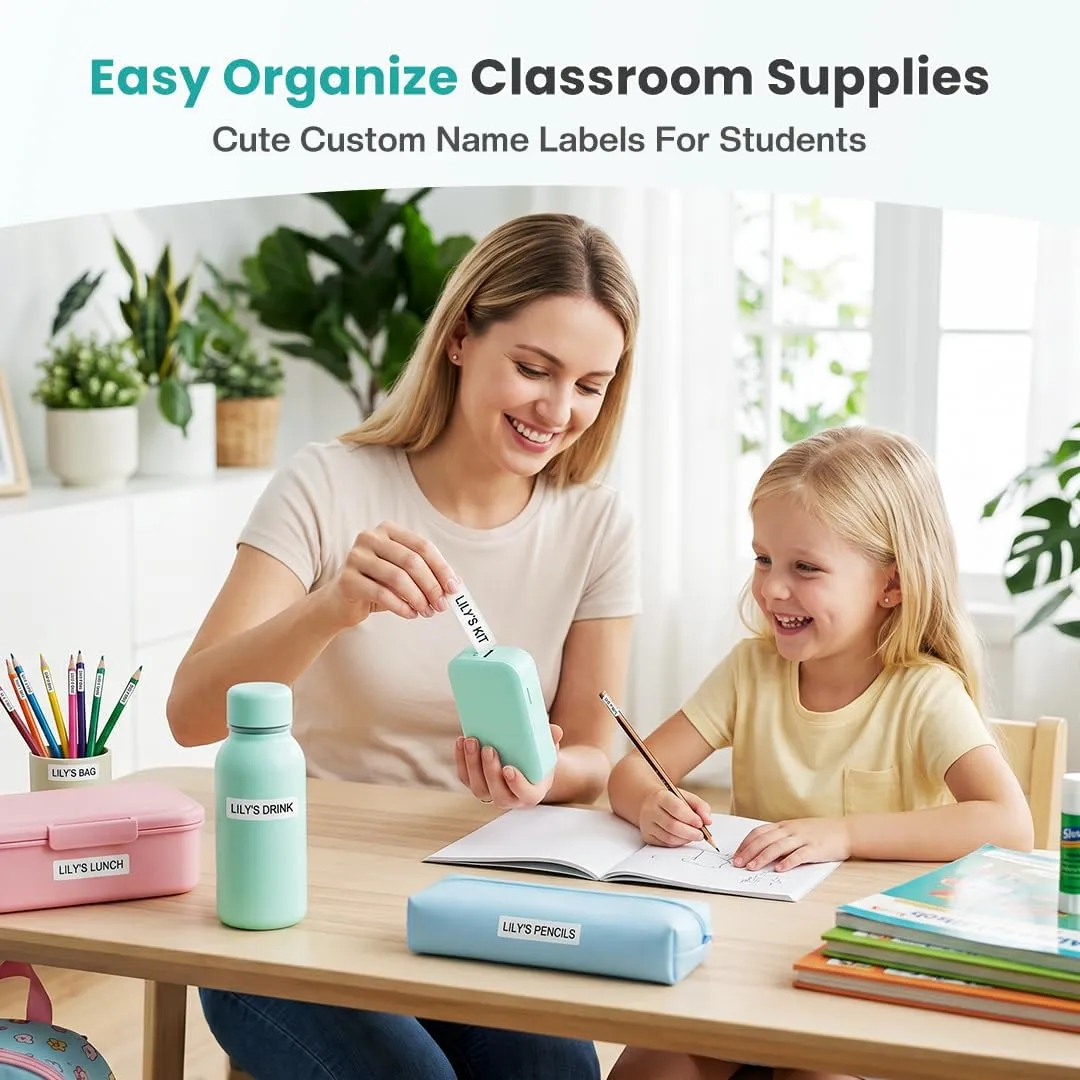 Family using a portable label printer for school supplies