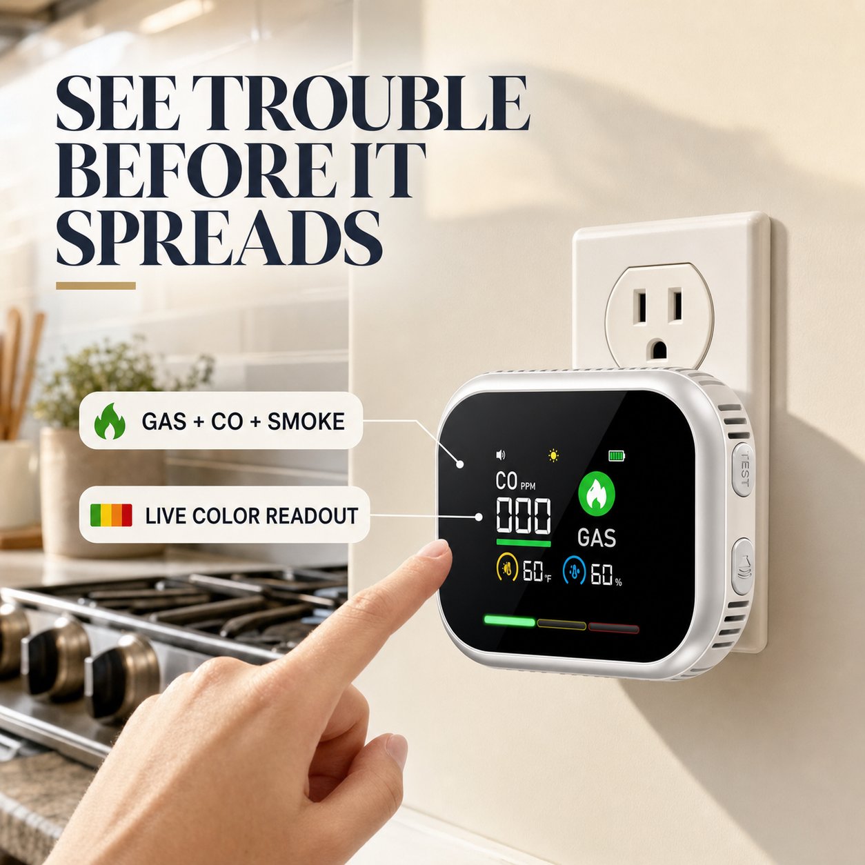 White plug-in gas and carbon monoxide safety monitor in a kitchen